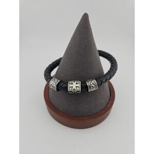 Silver Tone Cross Slide Charm Black Woven Corded Bracelet Casual Everyday Simple